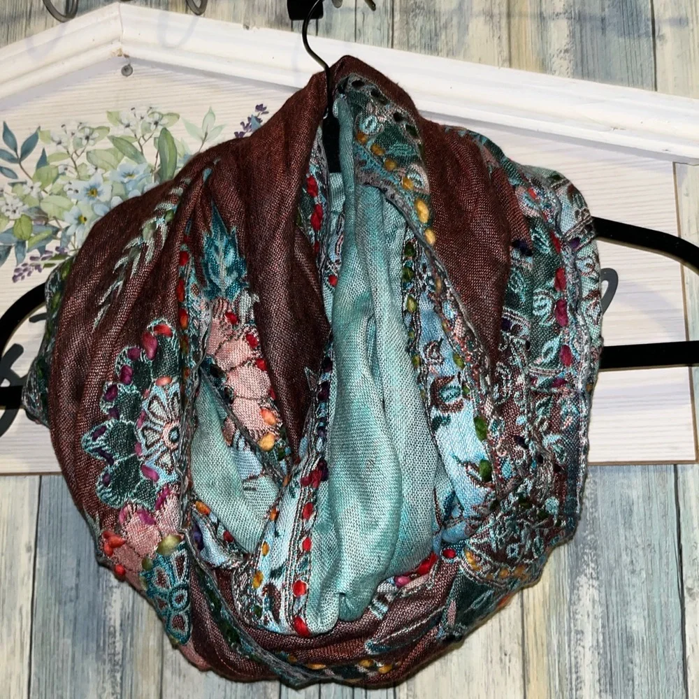 Raj Light Teal and Brown Floral Patterned Infinity Women's Scarf  Raj2